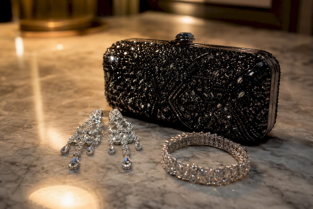 Close-up of prom jewelry and clutch accessories