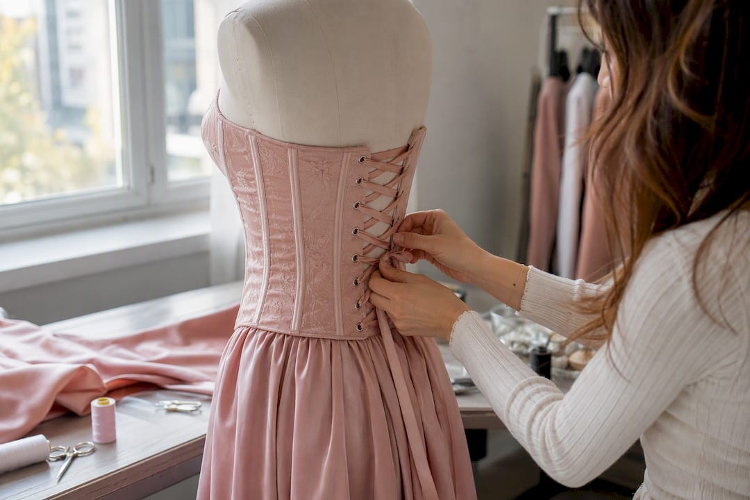 Hands adjusting corset lacing on mannequin