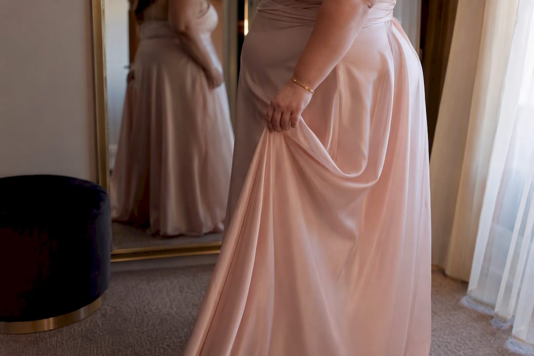 Close-up of plus size prom dress fabric and adjustment