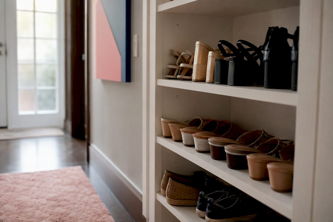 Open shoe rack in light-filled closet