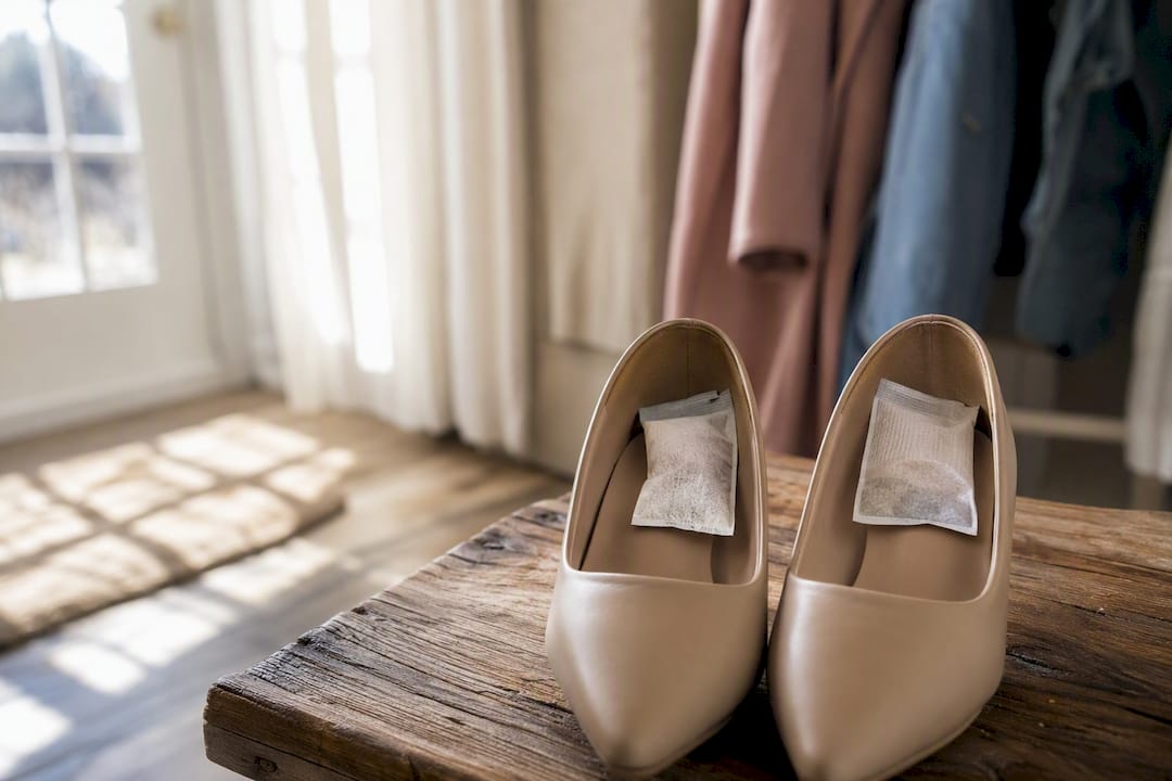 Shoes with baking soda and charcoal pouches inside