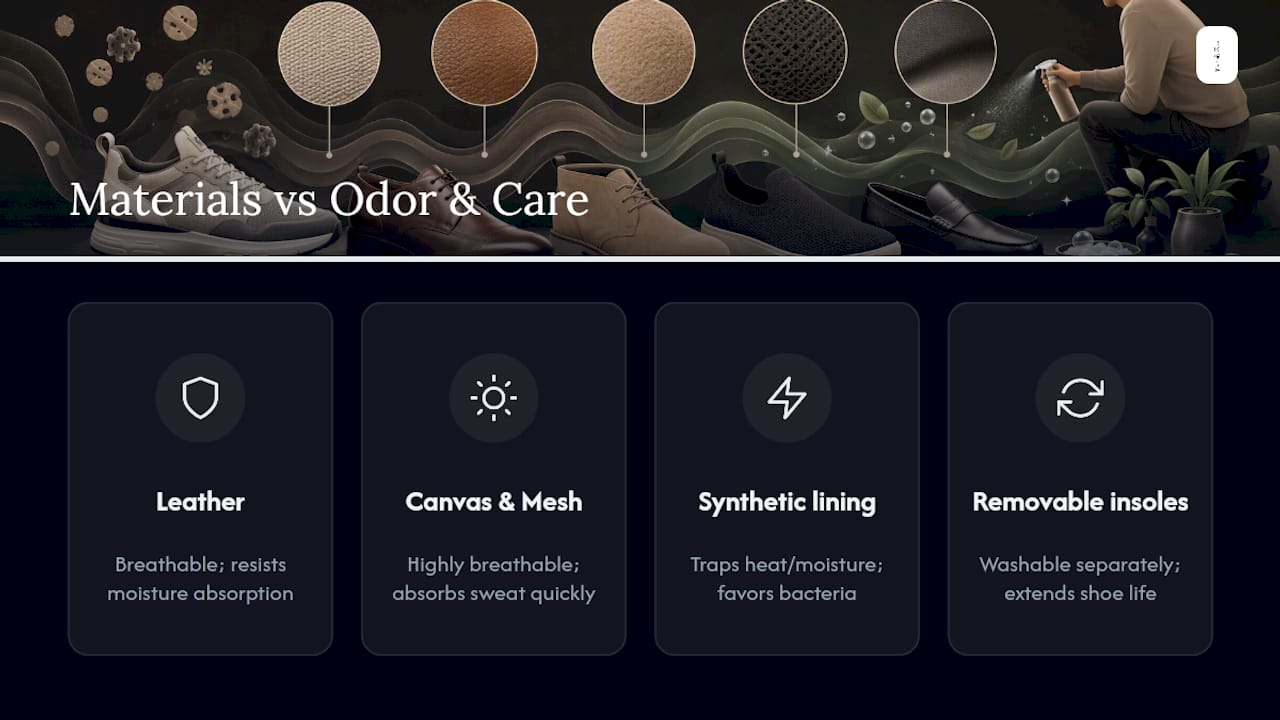 Diagram comparing shoe materials' odor and moisture properties