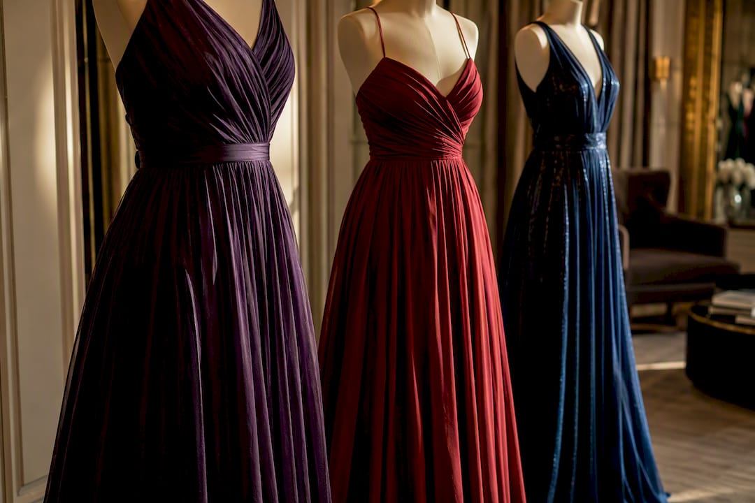 Jewel tone formal gowns on mannequins