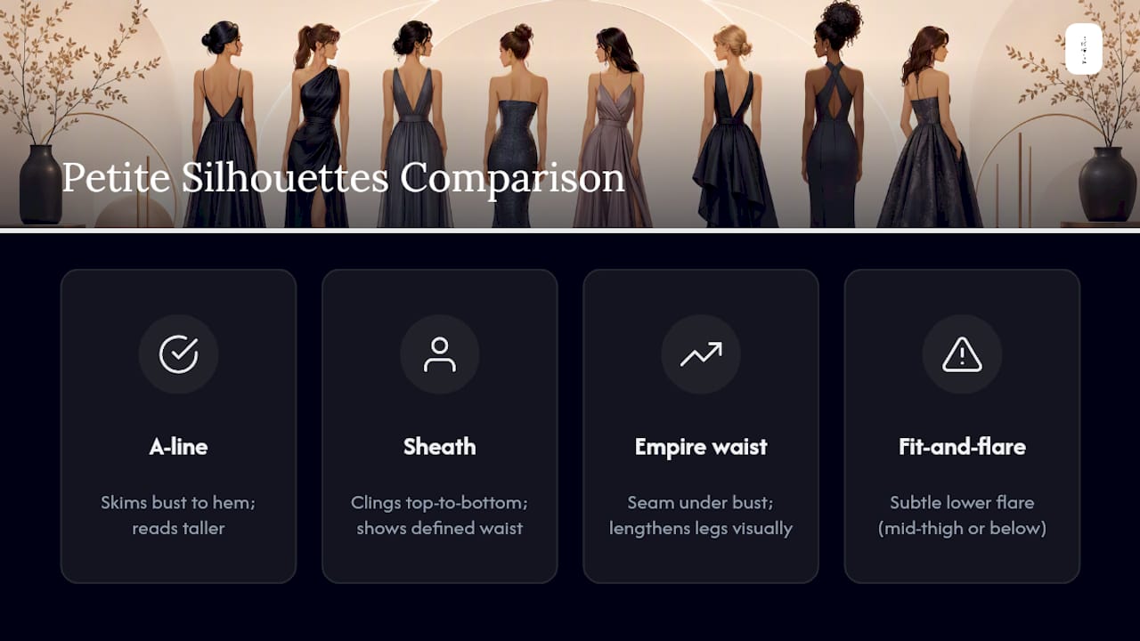 Comparison infographic of petite formal dress silhouettes