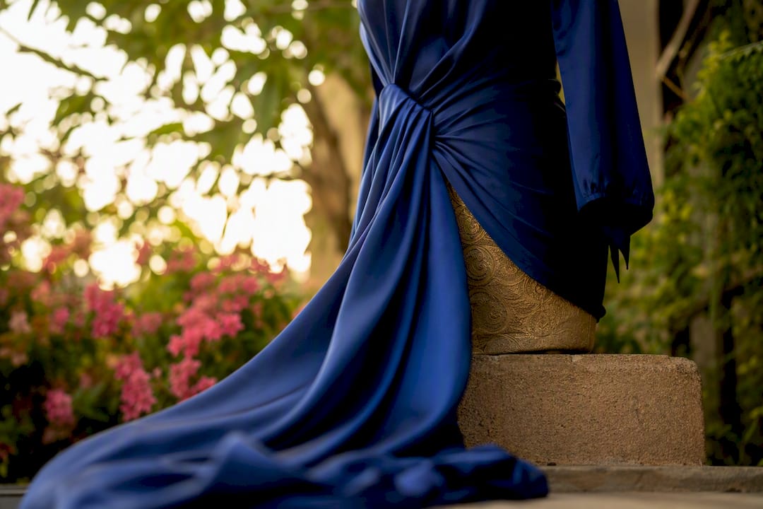 Jewel toned satin fabric detail on mannequin