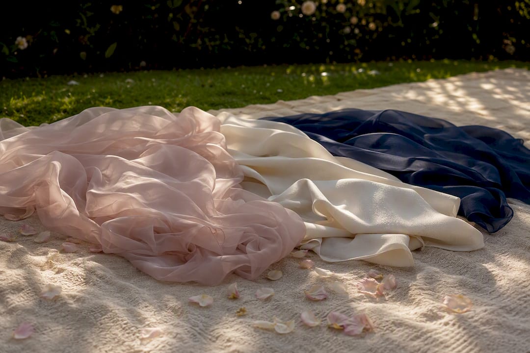 Chiffon and crepe fabric drapes close-up
