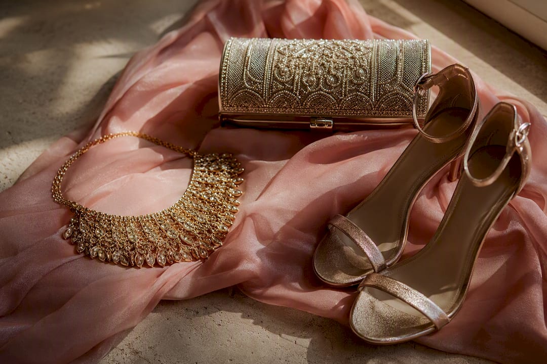 Formal jewelry, clutch, and shoes arrangement