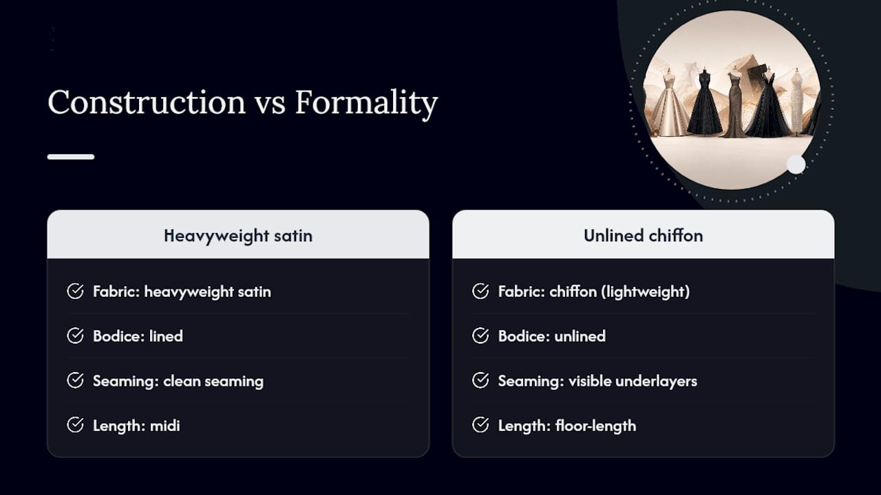 Diagram comparing formal dress construction and formality factors