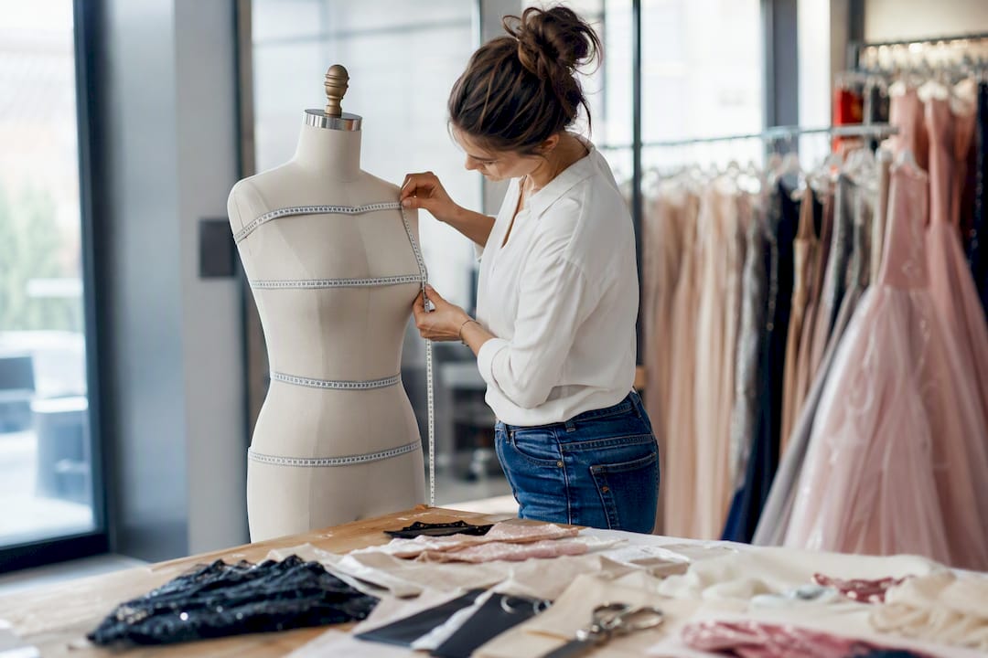 Hands measuring dress form for gown fit