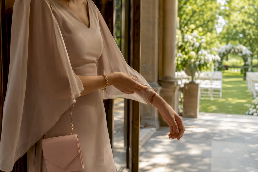Guest adjusting a lightweight formal sleeve outdoors