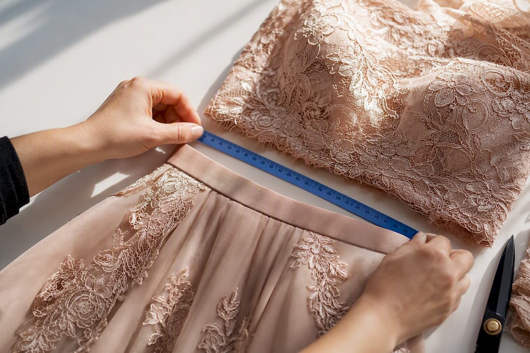 Hands measuring lace two-piece dress alignment
