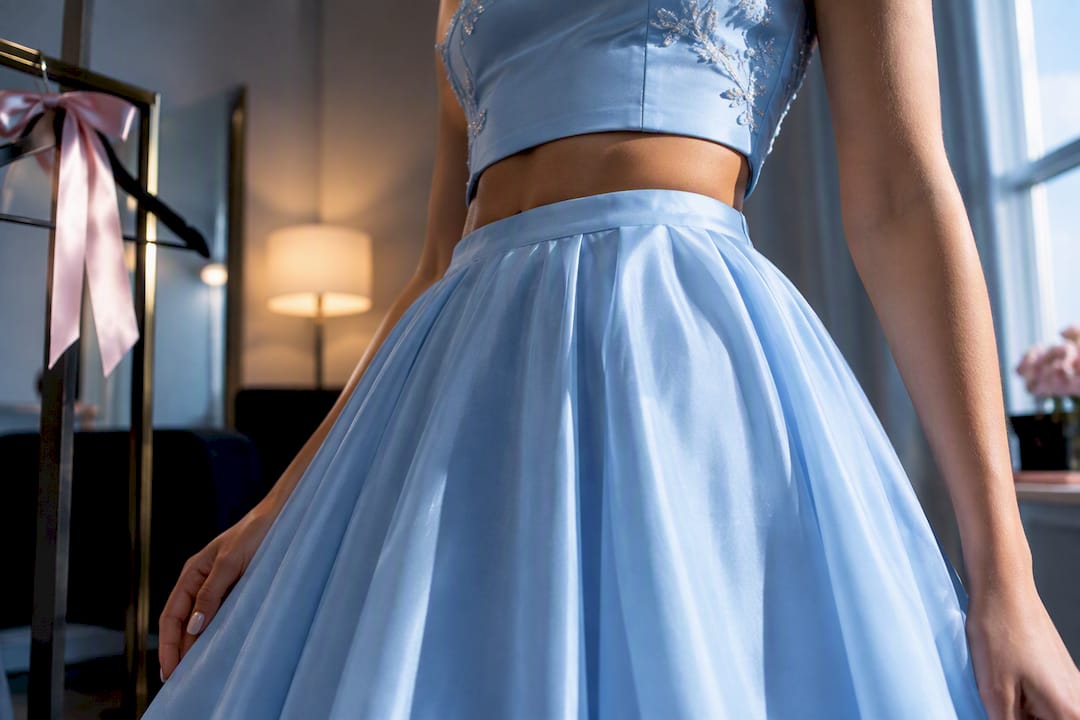 Cropped light blue two-piece prom look