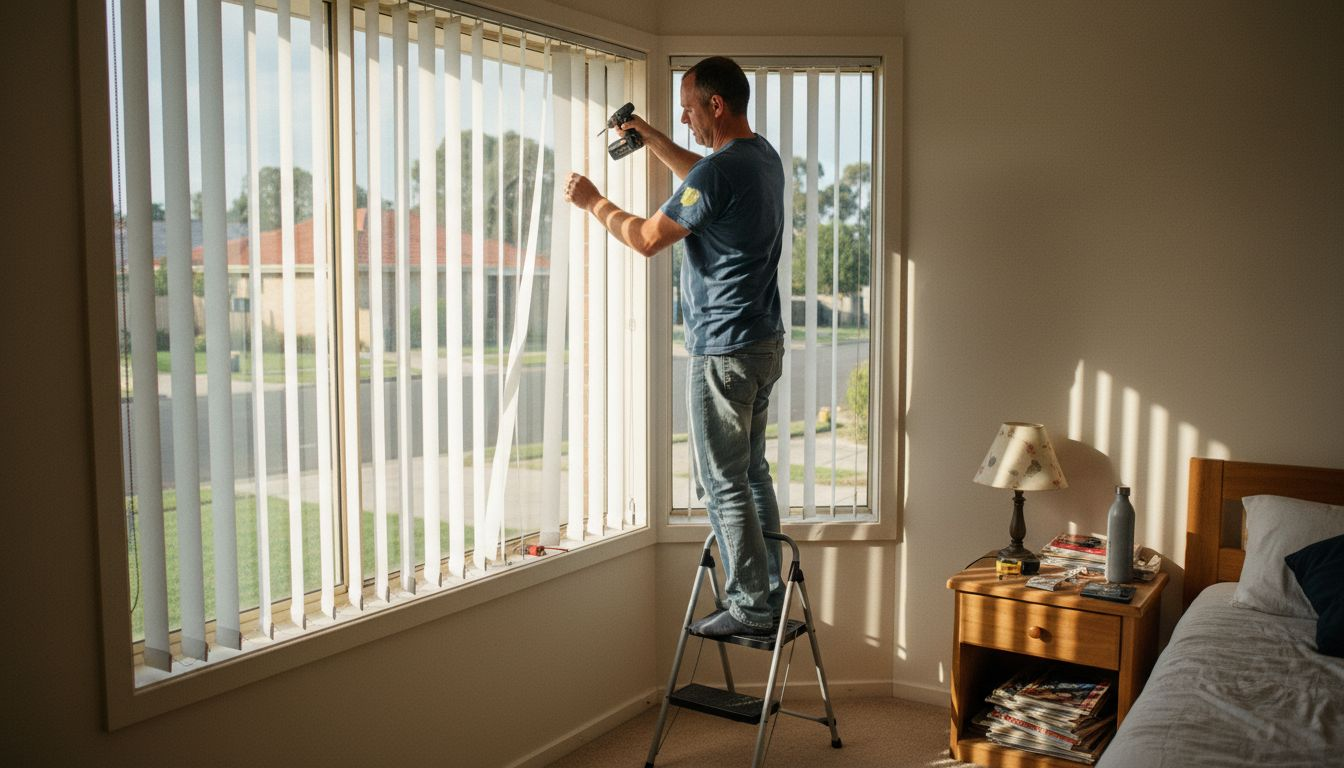 Man installing vertical blinds for energy savings