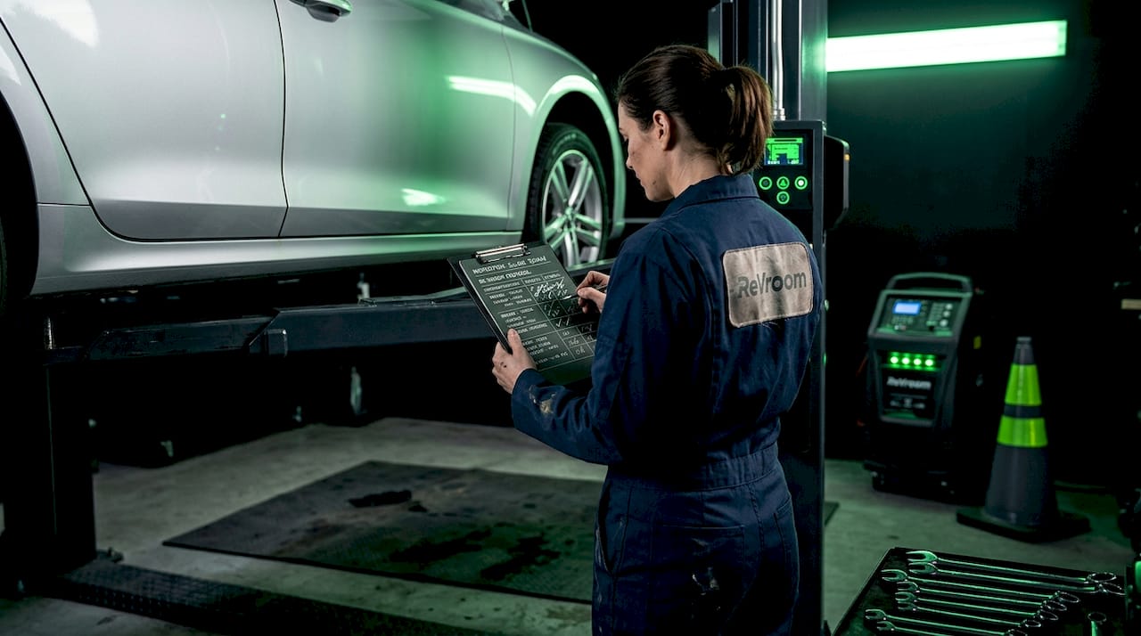 Mechanic inspecting rebuilt car on shop lift