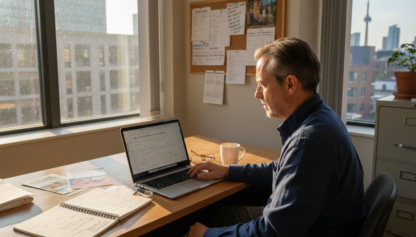 Business owner reviewing email campaign workspace