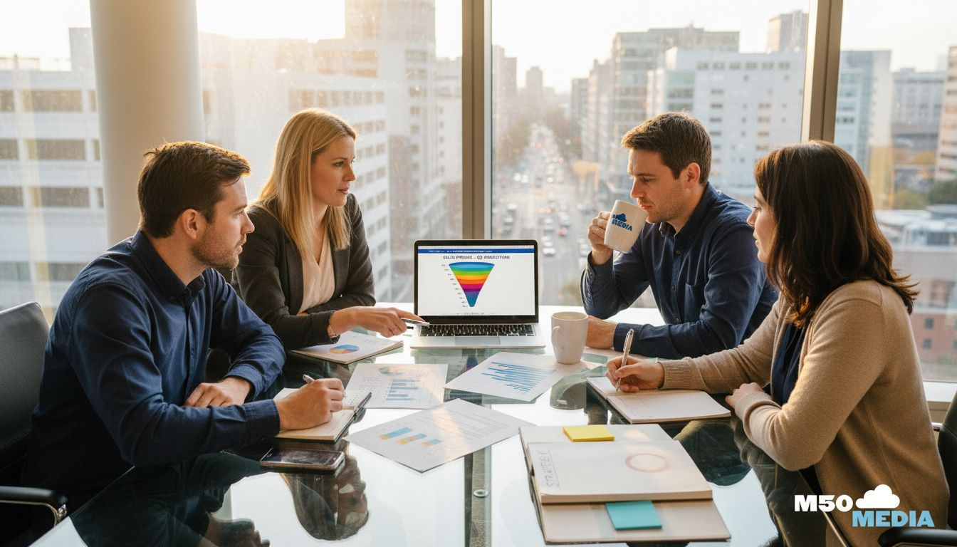 B2B marketing team discusses strategy around table