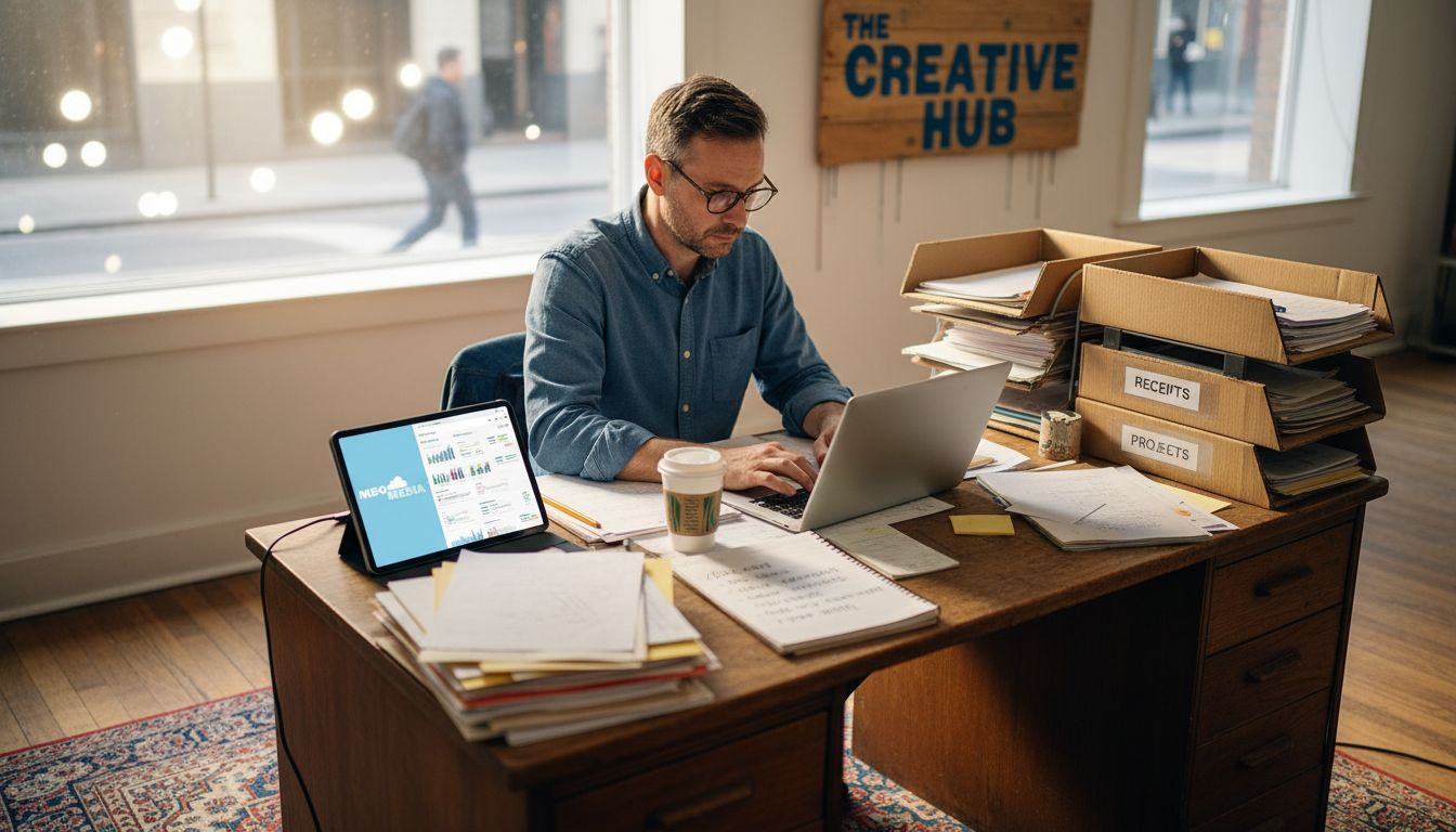 Small business owner multitasking marketing tools at cluttered desk