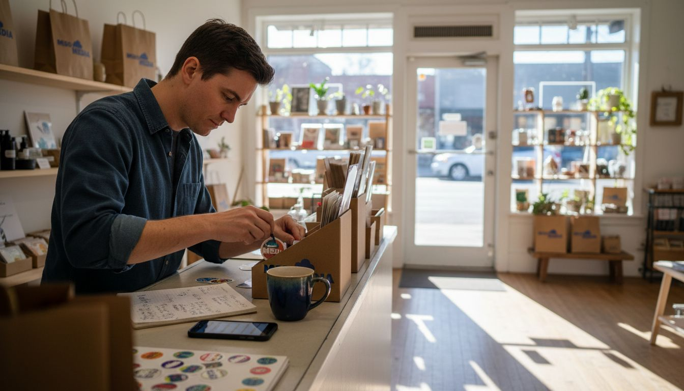 Business owner updating branded store display