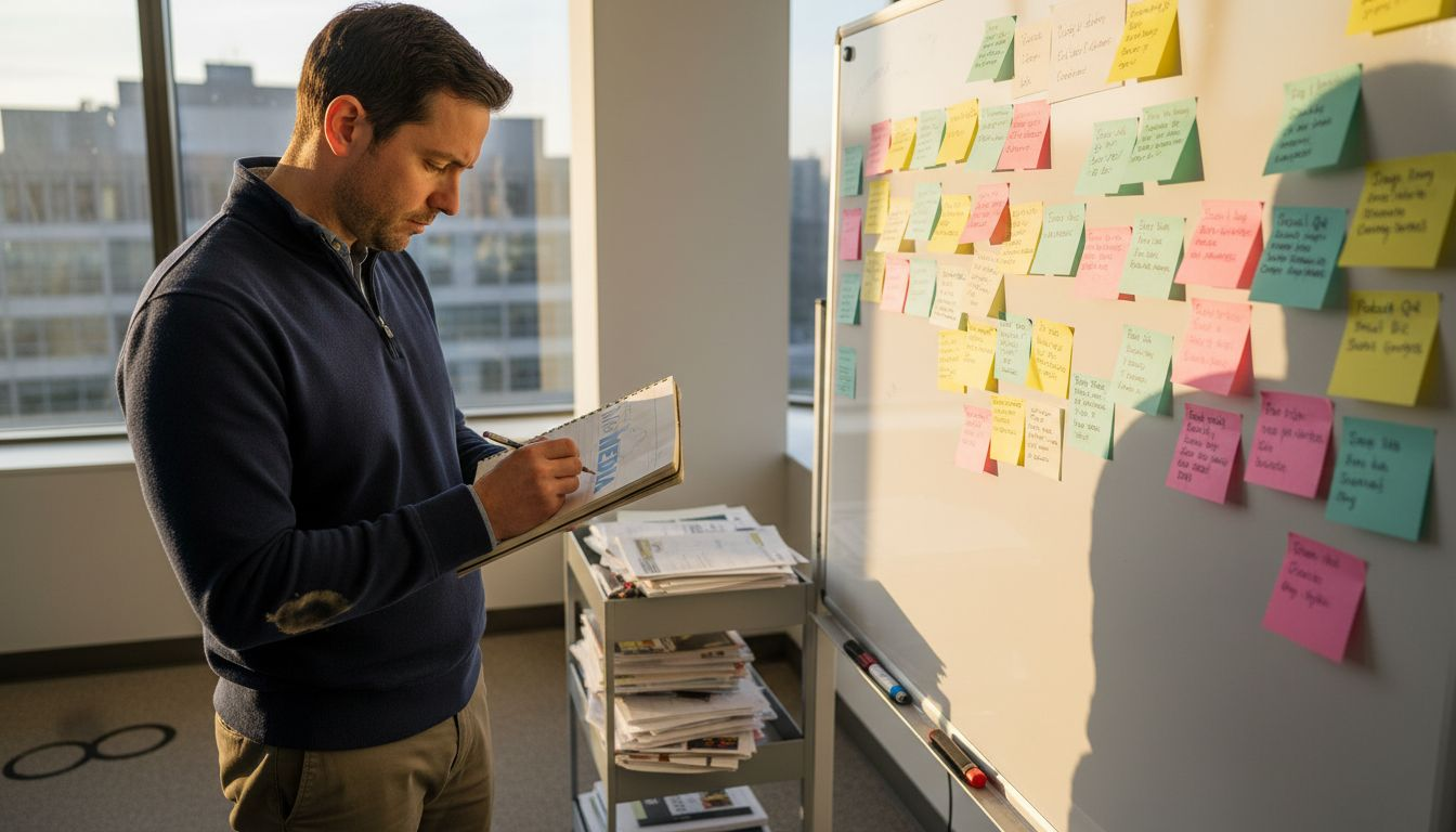 Manager plans content calendar on whiteboard