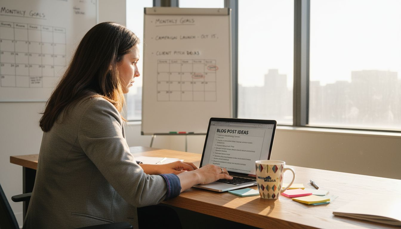 Businesswoman writing content in a sunny office