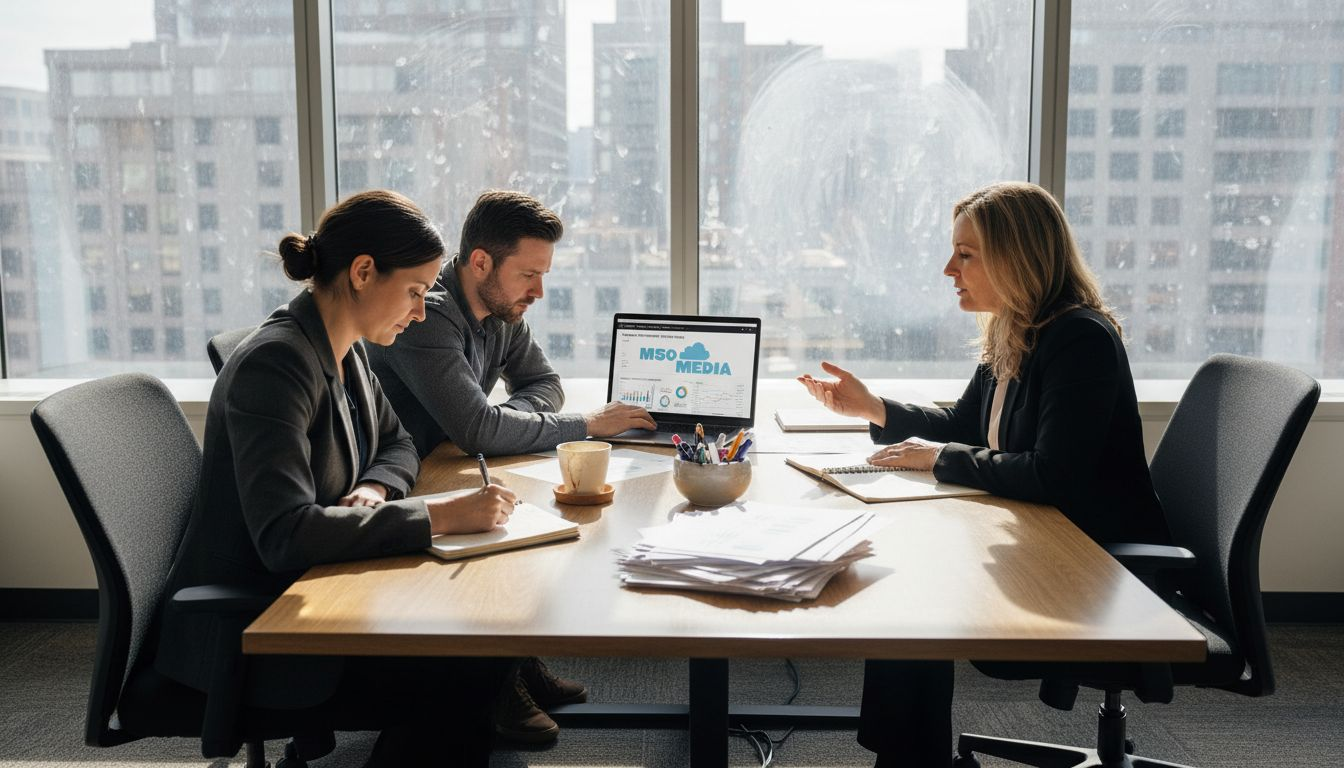 Marketing team planning AI campaign in office