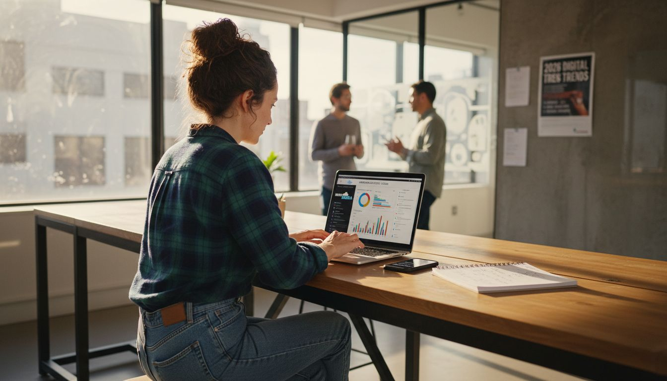 Marketer checking campaign analytics in busy office