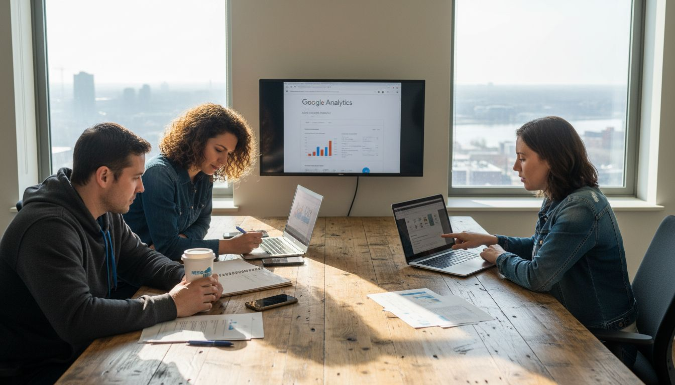 Small business owners reviewing SEO analytics