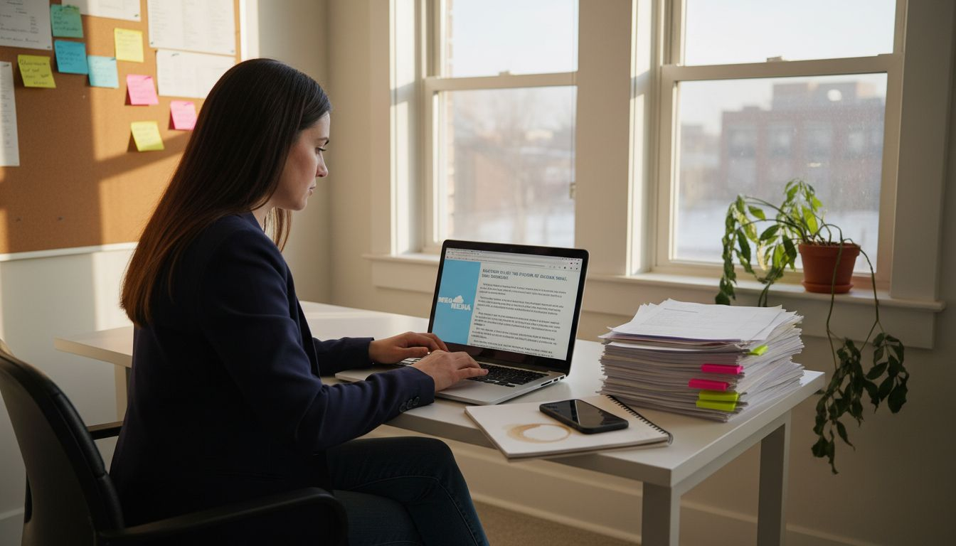 Business owner blogging in bright office setting