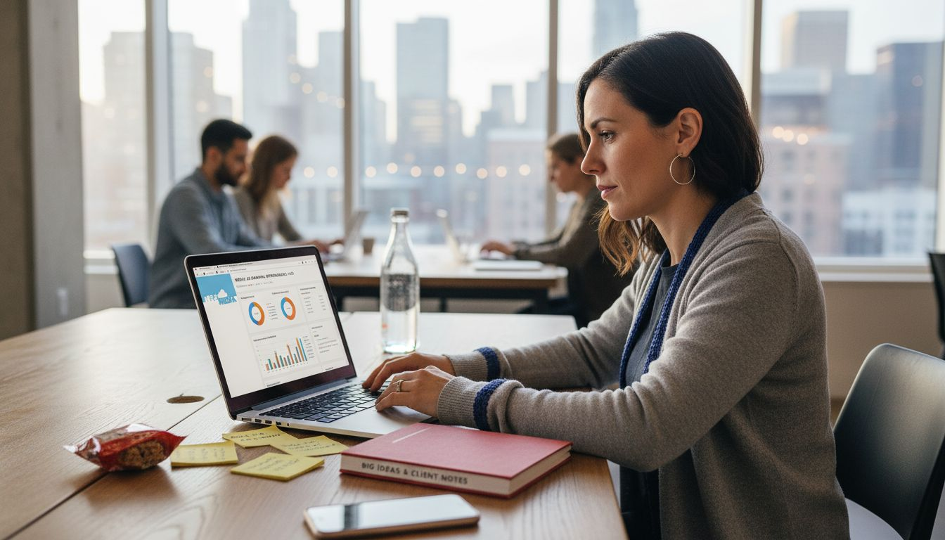 Small business owner reviewing digital ads in coworking space