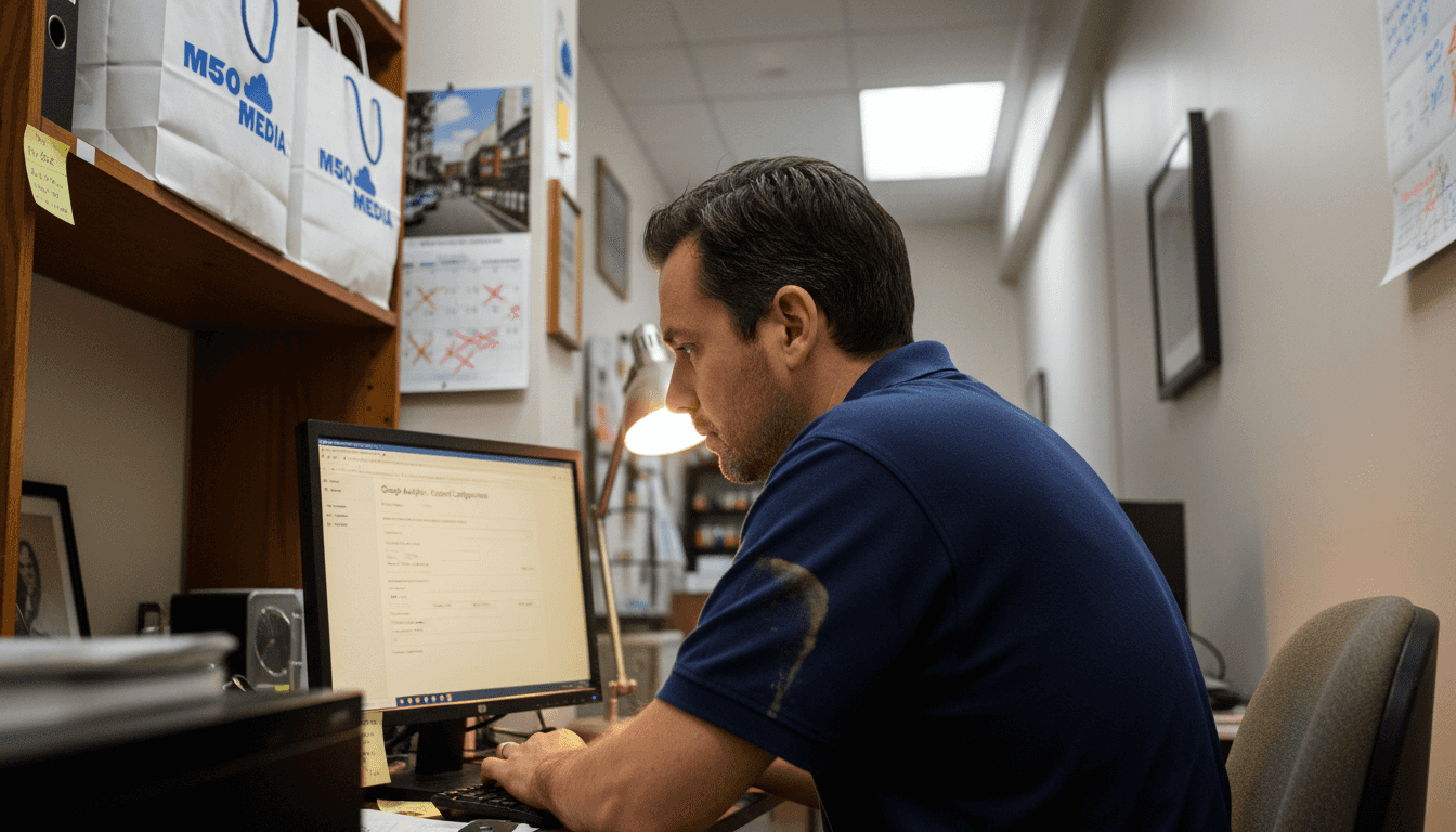 Entrepreneur setting up marketing analytics in office