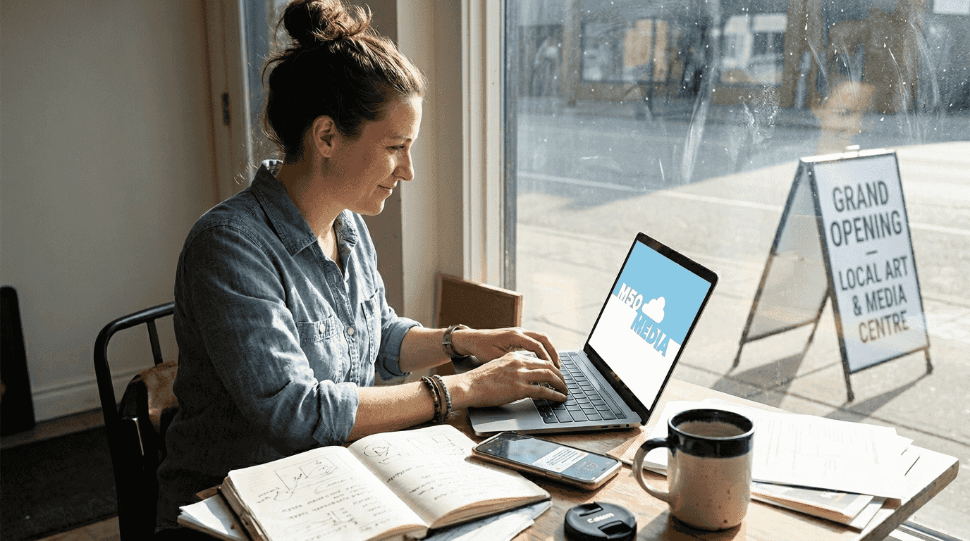 Small business owner updating website in storefront