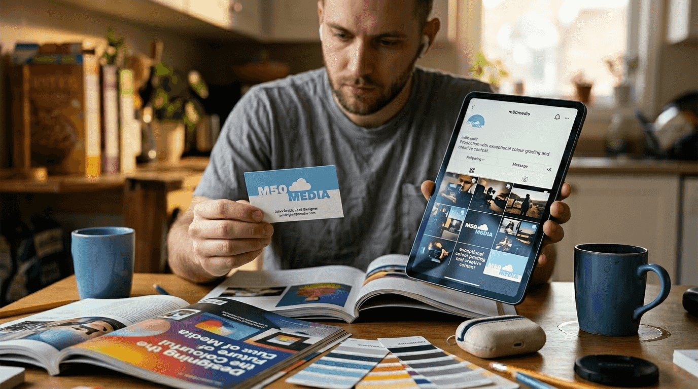 Designer comparing business card and social profile