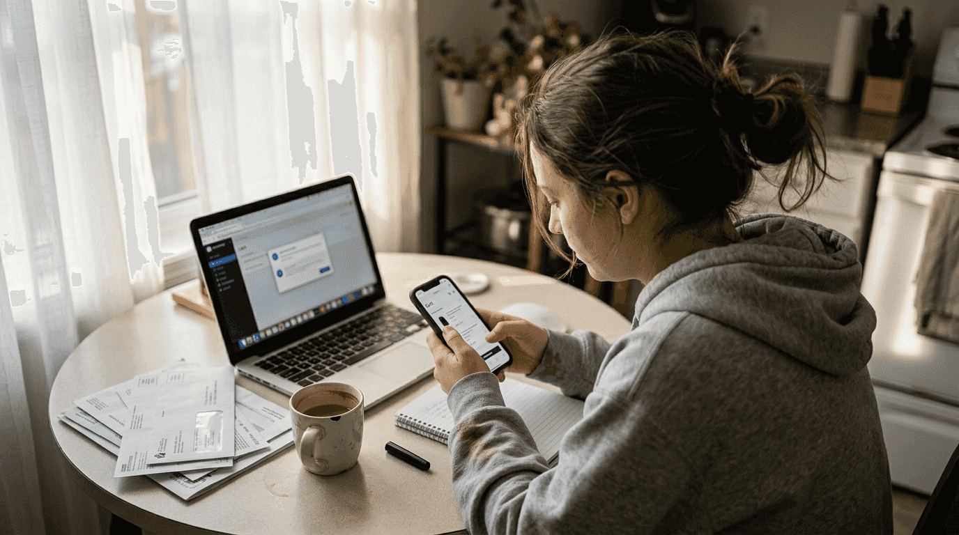 Woman shopping on social media at kitchen table