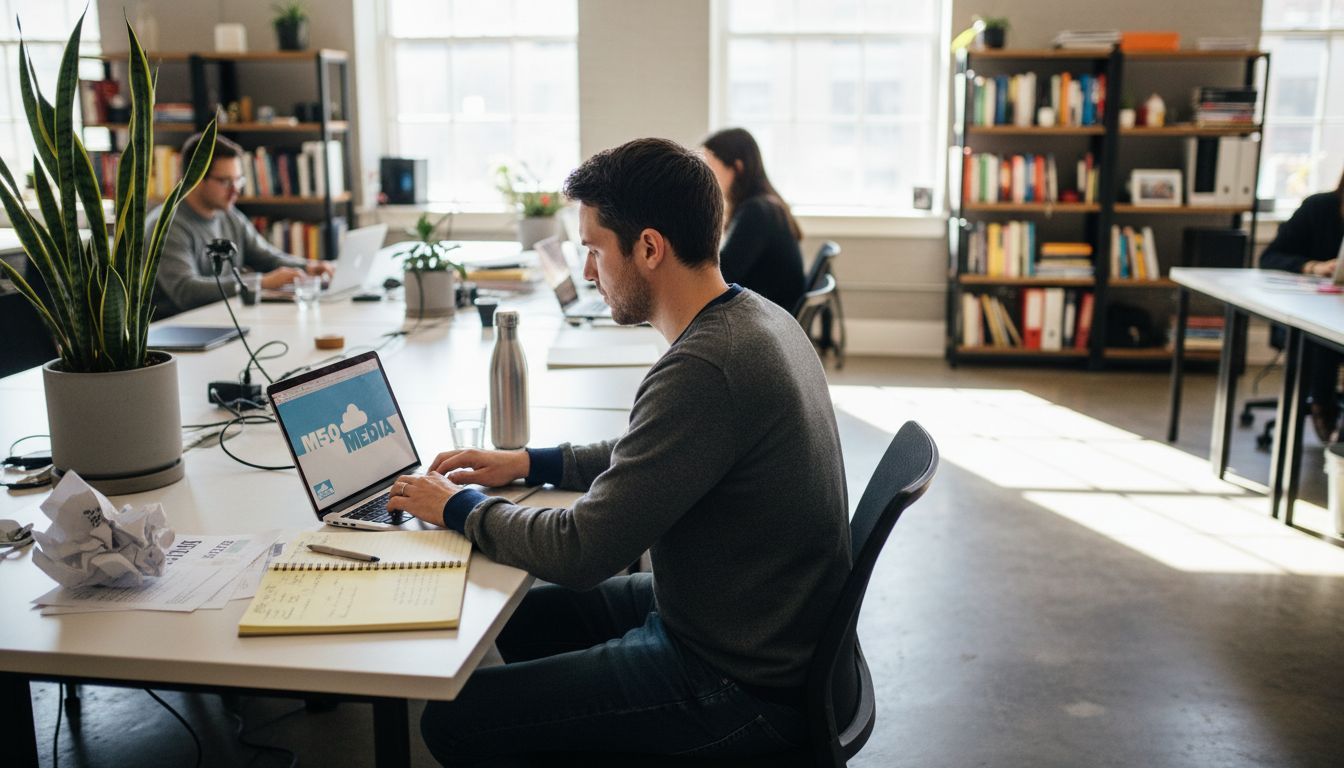 Business owner planning content strategy at desk