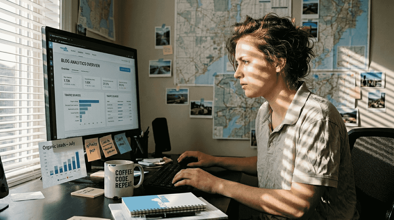 Technician reviews local blog analytics