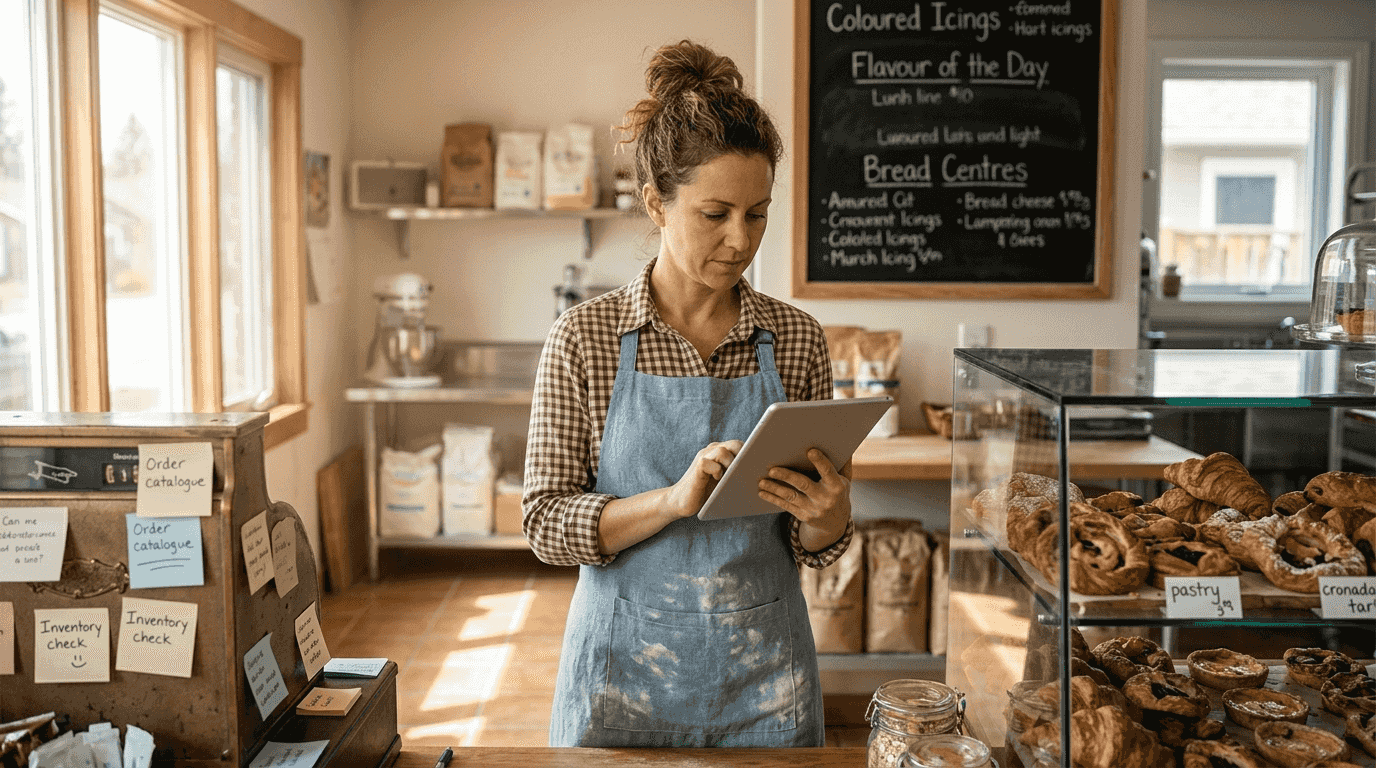 Bakery owner updating website content marketing