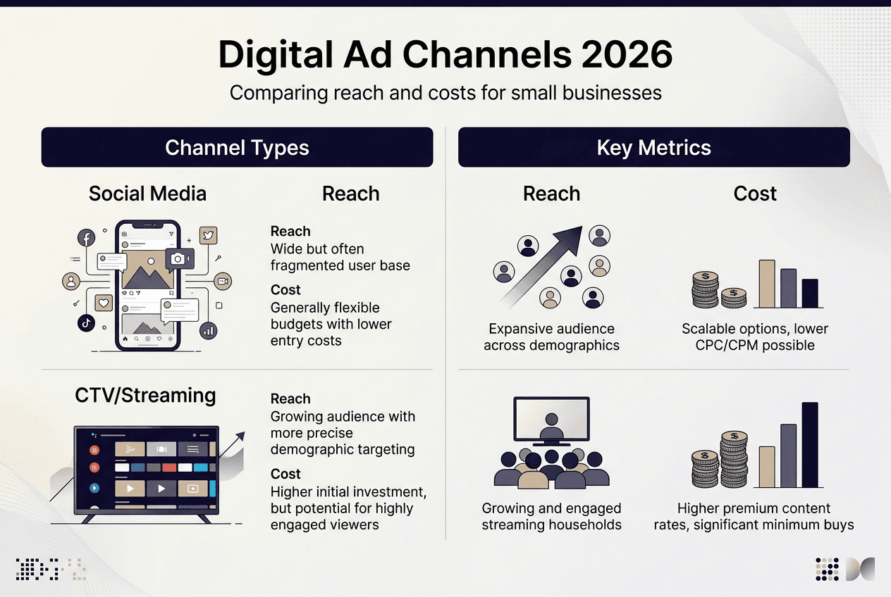 Infographic comparing digital ad channels and key metrics