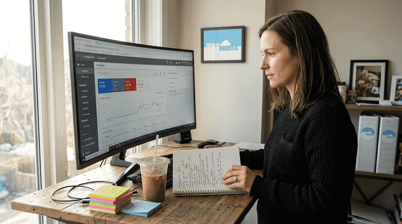 Business owner reviewing digital advertising dashboard