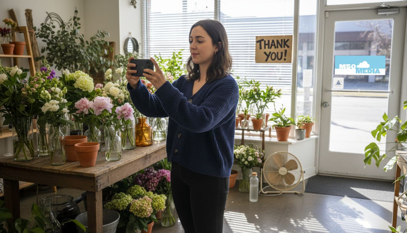 Customer recording video testimonial in flower shop