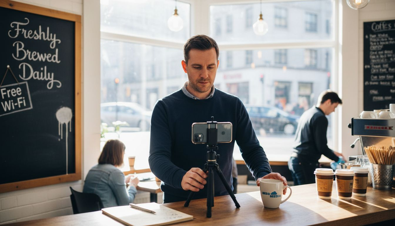 Cafe owner recording product demo at counter