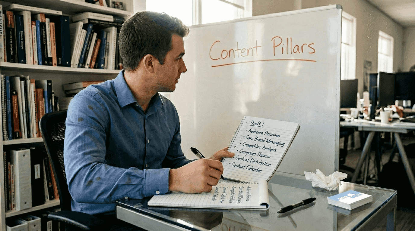 Manager reviewing content pillar notes at desk