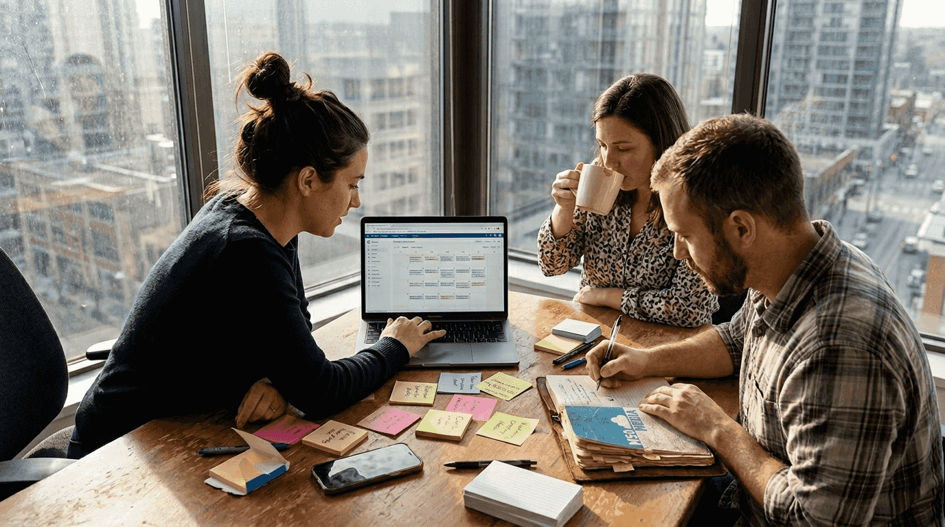 Content team reviews workflow calendar together