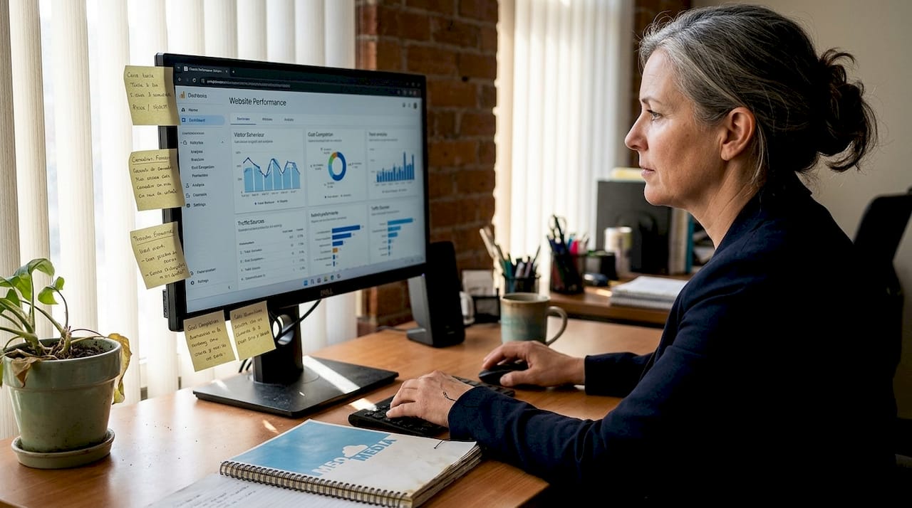 Woman audits website in small business workspace