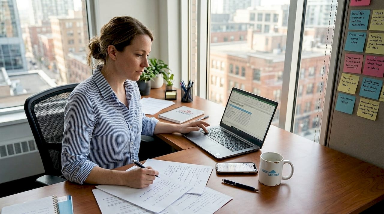 Owner checks marketing checklist in city office