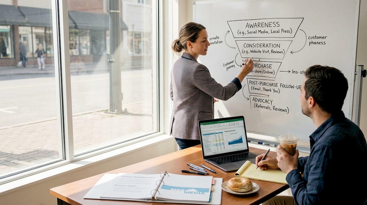 Small business team mapping marketing funnel