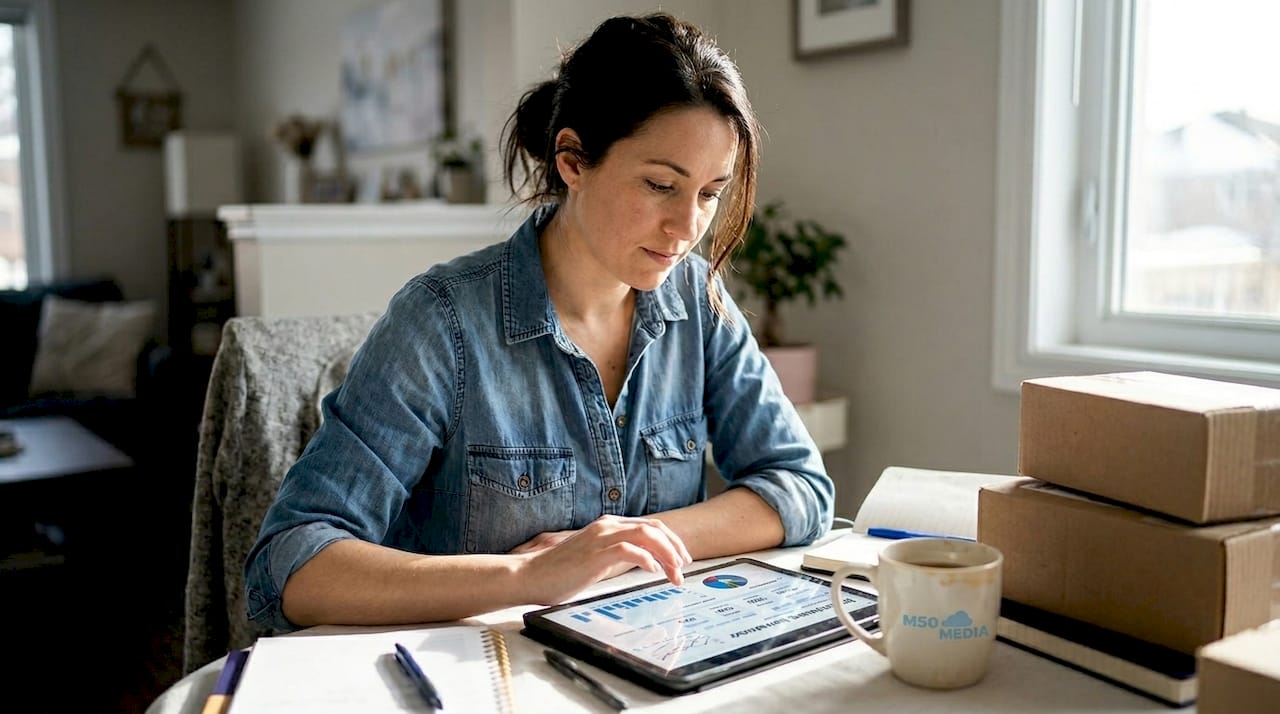 Small business owner reviewing analytics at home