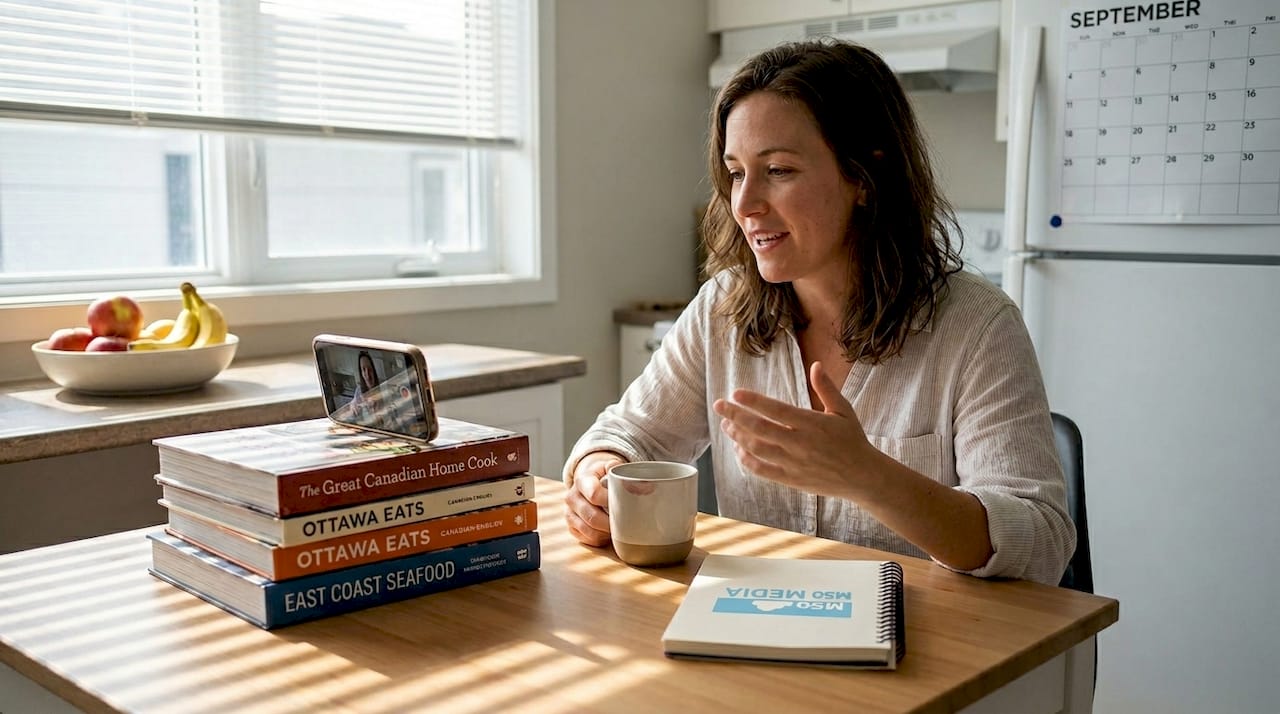 Small business owner filming video at kitchen table