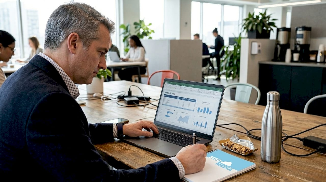 Man tracking video marketing analytics at shared workspace