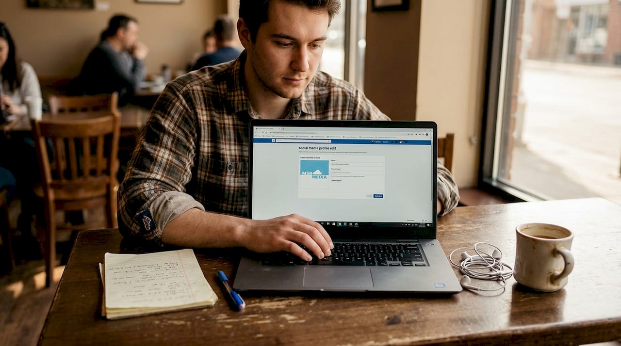 Business profile setup at café workspace