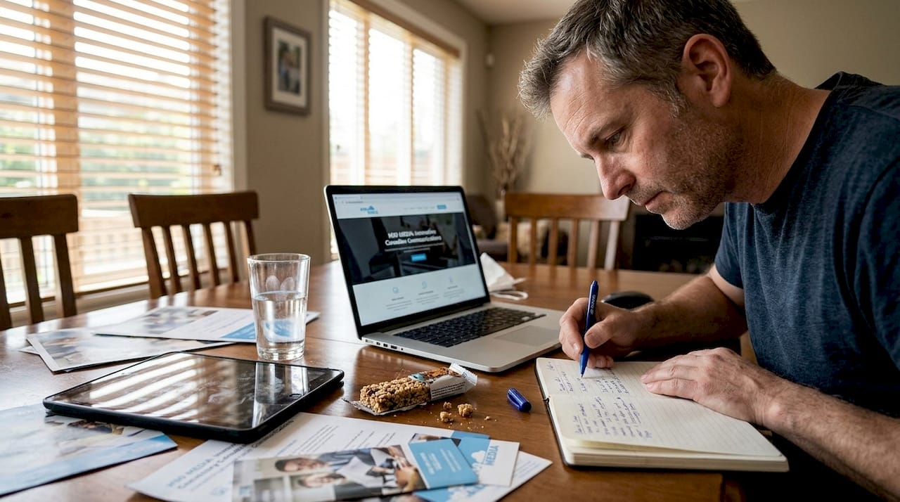 Business owner reviewing website at dining table